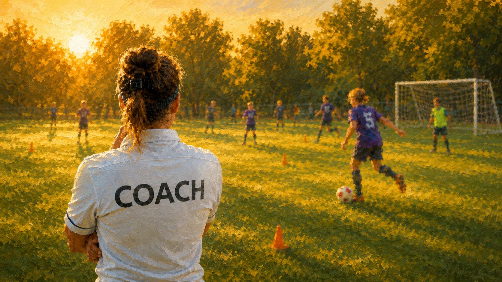 Coach observing a youth soccer practice during a sunset training session on a grassy field.