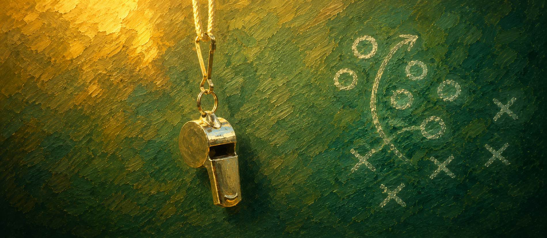 Coach's whistle hanging in front of a strategy board, symbolizing leadership, communication, and youth sports coaching.