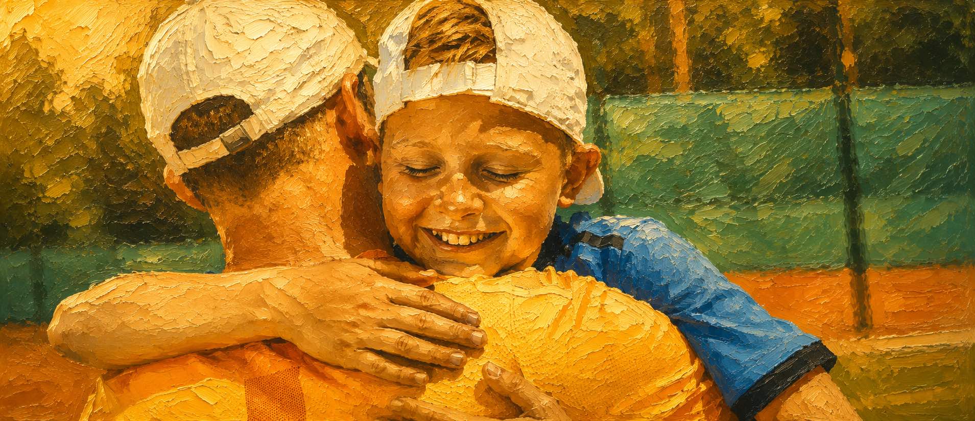 Young athlete embraces a coach on a tennis court, symbolizing trust, support, and meaningful coach-athlete relationships.