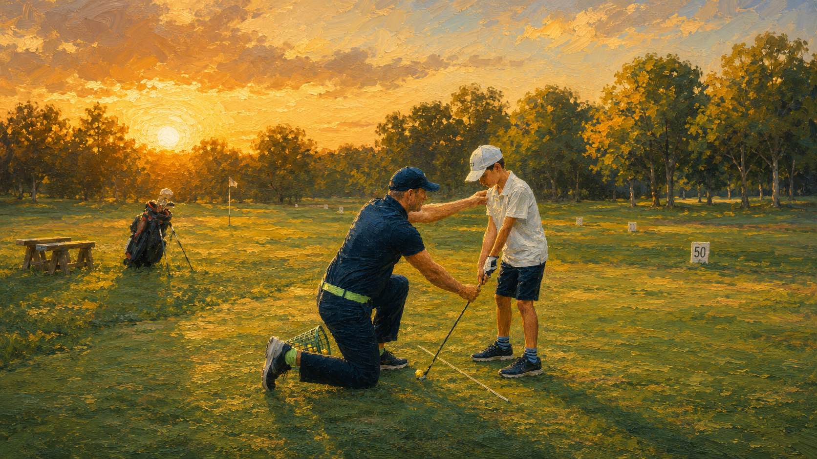 Painterly illustration of a golf coach kneeling beside a young golfer, adjusting their grip and stance during practice at sunset.
