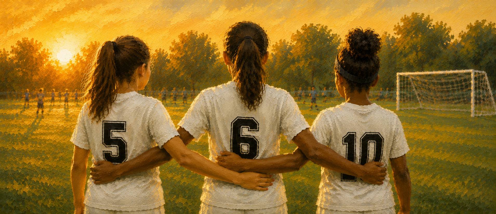 Three youth soccer teammates stand arm in arm at sunset, illustrating peer motivation, support, and team connection in youth sports.