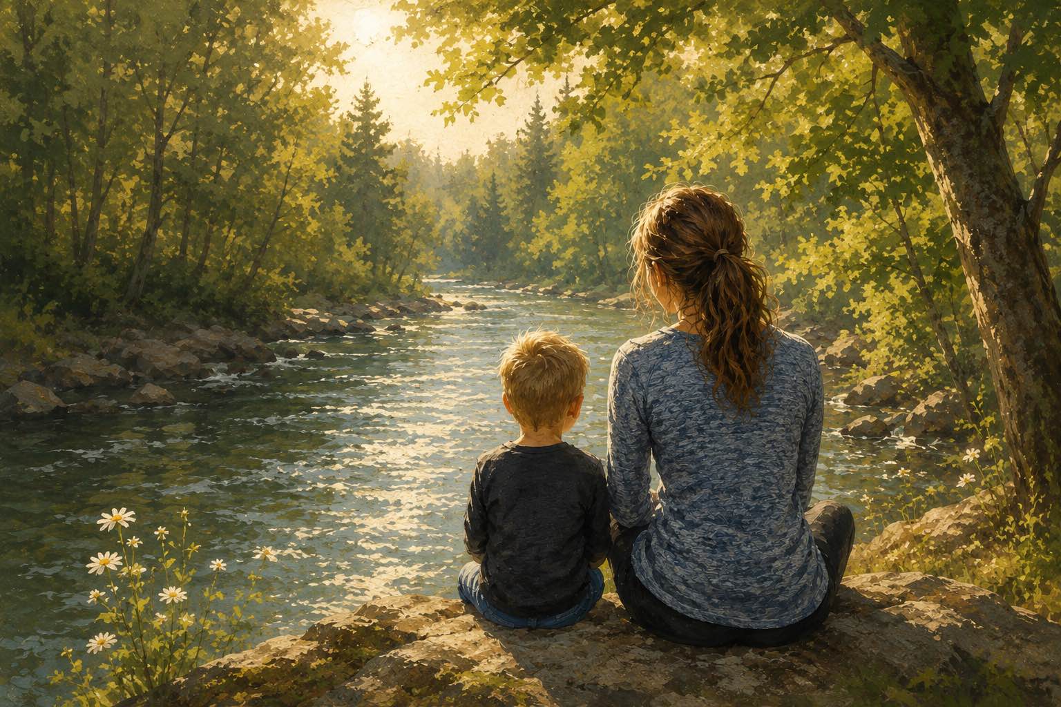 A parent and child sitting quietly together by a river in the woods, looking out at the water