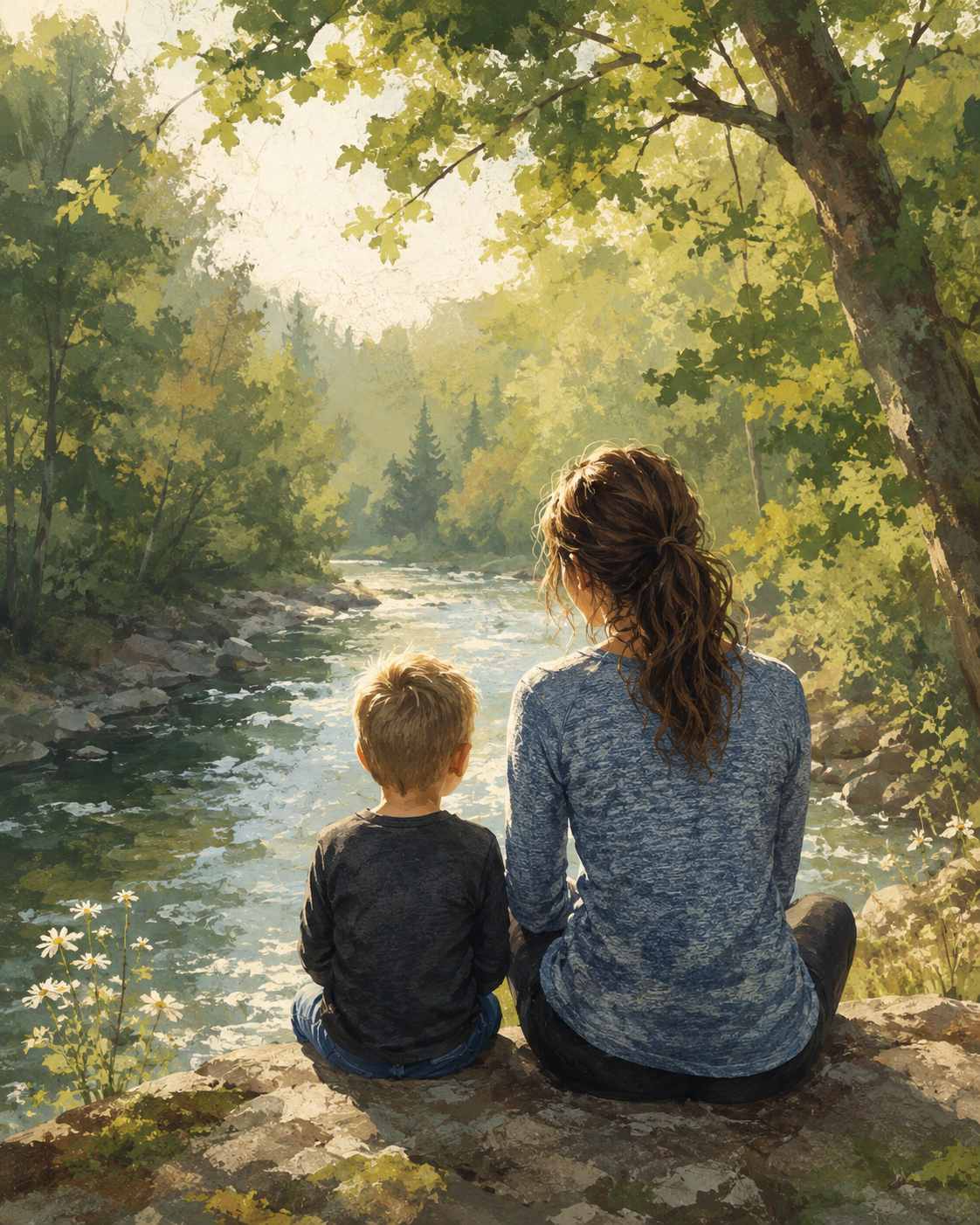 A parent and child sitting quietly together by a river in the woods, looking out at the water