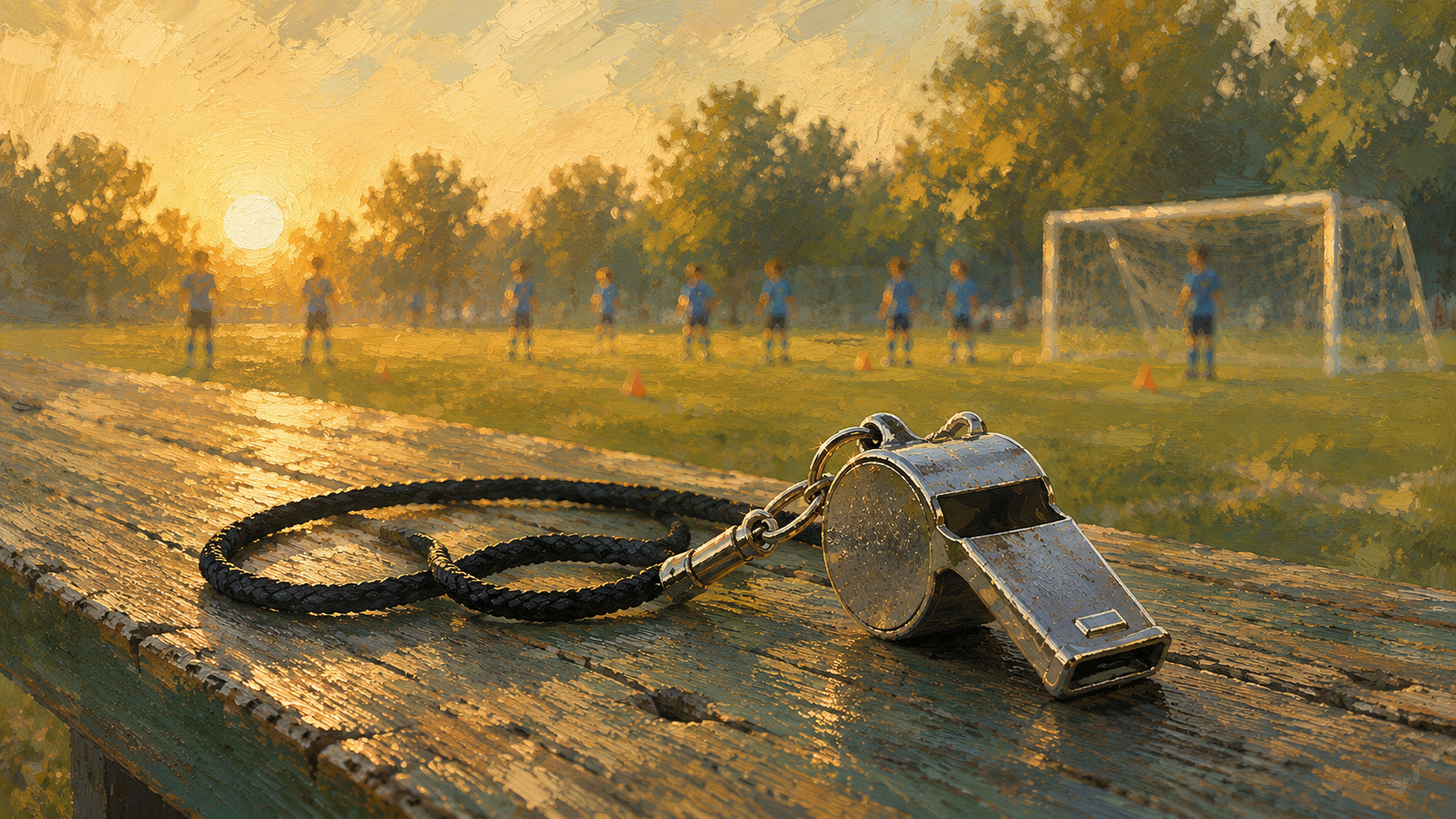 Painterly illustration of a coach's whistle resting on a weathered bench beside a youth sports field at sunset, with young athletes practicing in the background.