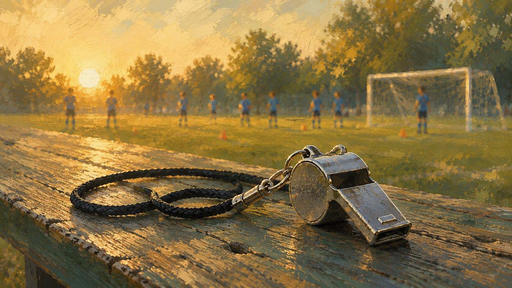 Painterly illustration of a coach's whistle resting on a weathered bench beside a youth sports field at sunset, with young athletes practicing in the background.